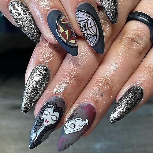 Carufin 24pcs Halloween toile d'araignée noir givré faux ongles zombie mariée pointe faux ongles pressés sur faux ongles