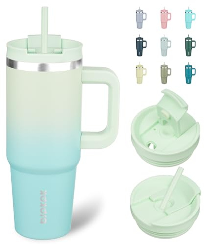 BJPKPK 900 ml Isolierter Edelstahl-Becher mit Griff Deckel und Strohhalm | Minze, Doppelwandige Vakuumisolierung, Auslaufsicher, BPA-frei, Spülmaschinenfest, Ideal für Reise & Outdoor