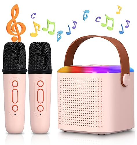 Mikrofon Karaoke Spielzeug, Bluetooth Karaoke Maschine mit 2 Kabellose Mikrofone für Kinder Erwachsene, Tragbares Wiederaufladbares Mikrofon mit Lautsprecher-Stimmwechseleffekt und LED Licht