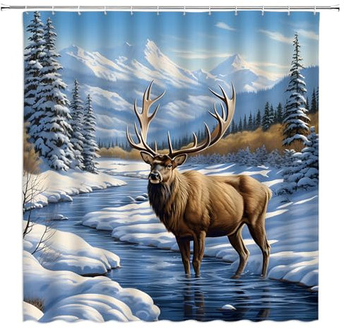ZRUWUA Winter Hirsch Duschvorhang Elch Elch Wald Berg See Rustikal Weihnachten Urlaub Natur Landschaft Badezimmer Dekor Vorhang mit Haken,