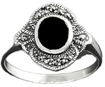 Art-Deco Black Ring, Sterling Silver ring with flat Oval Black Onyx Stone and Marcasite Stones, Vintage Design Jewelry (Ring size: 8, Gift Wrapping: Free)