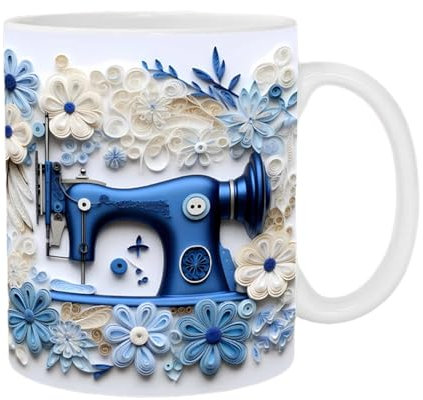 Tasse mit Aufdruck „Nähen“, Tasse „Nähmaschine“, Tassen zum Thema Nähen, 350 ml, Neuheit, Tasse „Quiltmaschine“, flach bedruckt, Tasse „Quiltmaschine“, Design-Keramiktasse für Kaffee, Geschenk für
