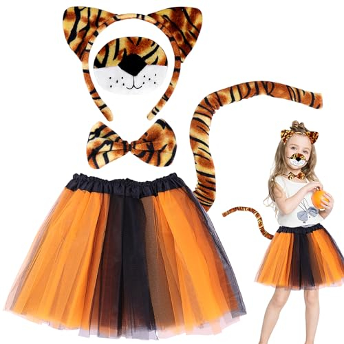 Dreamtop 5 Pezzi Set di Costume Tigre Bambina, Coda Lunga di Tigre Aggiornata, Tutu Cerchietti Orecchie Tigre Naso, costumi di carnevale bambini animali per Cosplay Carnevale Halloween Festa