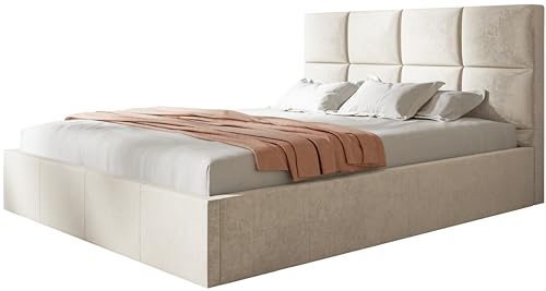 AlpiMeble Polsterbett Roma Slim mit Kopfteil, 120 x 200 cm, Doppelbett mit Bettkasten und Lattenrost aus Holz, Farbe: Beige, Velourestoff