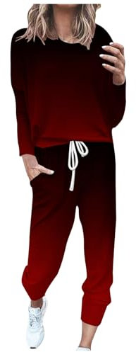 EMATOP Zweiteiler Outfit Damen Langarm Casual Tracksuit Sport Baumwolle Trainingsanzug Sweatshirt und Jogginghose Sportanzug Bunt Farbverlauf Freizeitanzug Taschen Sportswear prime angebote