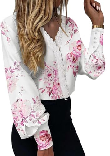 Minetom Femme Chemisier Élégant Dentelle T-Shirt à Manches Longues Casual Blouse Tops Col V Tunique Hauts B Rose M