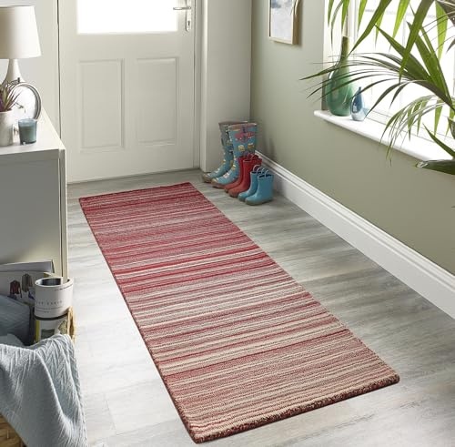 Lord of Rugs Gestreifter Wollteppich für moderne, zeitgenössische Häuser, Wohnzimmer, Schlafzimmer, Esszimmer, Teppich, weich, handgefertigt, bunt gestreift, Rot, Läufer (L x B) 200 x 67 cm