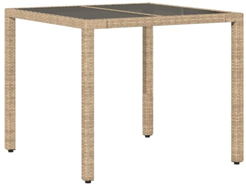 vidaXL Table de Jardin Dessus en Verre, Table à Manger, Meuble de Patio Arrière-Cour Terrasse Extérieur, Moderne, Beige 90x90x75cm Résine Tressée