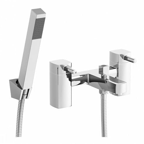 ENKI, Stella, BBT0263, Chrome, Bath Shower Mixer Taps with Handheld Shower Attachment, Solid Brass, Easy Clean, Angular Design, Quarter Turn Valves, Easy to Install, 10-Year Guarantee