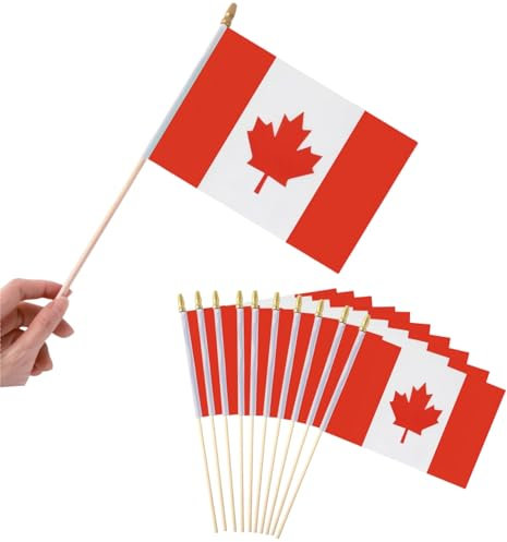 Bâton en Bois - 10 Pièces Petit Drapeau Canada Stick Banniere Mini Drapeau Canadien à Manivelle Fanions avec mât pour Fête Festival Celebration Anniversaire Mariage Decoration Ecole Jardin 14x21cm