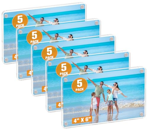 eWonLife 5-Pack Acrylic Fridge Magnet Frames, 4 x 6 Inches Picture Frame for Refrigerator, Clear Two Side Frameless Photo Display for Home Decor