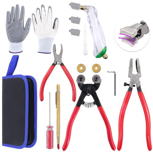 Swpeet Kit de 10 herramientas de corte de vidrio, pinzas de azulejos de vidrio con ruedas de mosaico, alicates para correr de vidrio, alicates rompedores, punta de carburo de tungsteno, cortador de