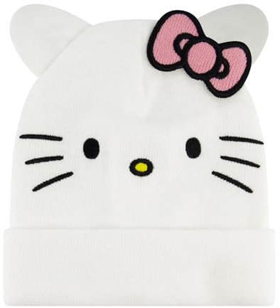 Concept One Unisex-Erwachsene Hello Kitty, Adult Acrylic Knitted Winter Cap with 3D Ears and Bow Beanie-Mütze, Weiss/opulenter Garten, Einheitsgre