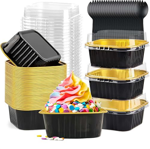 50Pcs Mini Cake Baking Cups with Lids and Spoons, 150ml Square Aluminum Foil Baking Pans with Lids and Spoons, Tart Pie Cake Containers for Bread Dessert Wedding Birthday Picnic Party ((Black Gold))