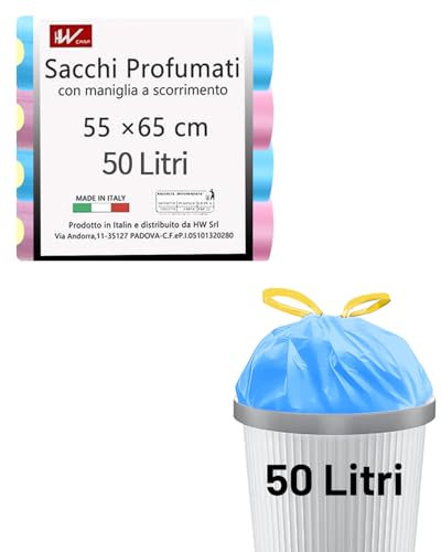 HW CASA 60 bolsas de basura ecológicas de 50 l de LDPE reciclado, bolsas para la basura perfumadas con mango deslizante, dotadas de sistema antigoteo, perfectas para casa y oficina, azul rosa