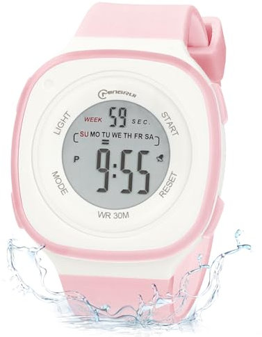 OFFCUP Digital Uhren für Kinder, Wasserdicht Kinderuhr Digital, Kinder PU Armbanduhr Sports Outdoor Digitaluhr mit Wecker Datum Stoppuhr Led Lichter Uhr -Rosa