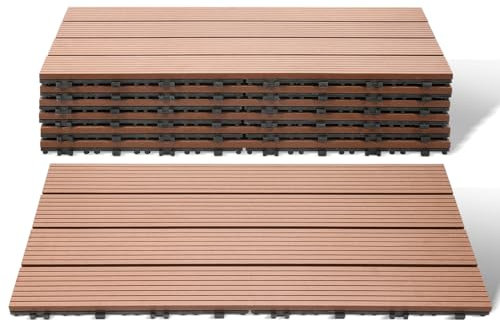 Lospitch WPC Terrassenfliesen, 30x60cm Balkon Bodenfliese 30 Stück für 5m², Terrassendielen Klickfliesen Wetterfest, Rutschfest, Pflegeleicht, Gartenfliesen mit Klick-System, Braun
