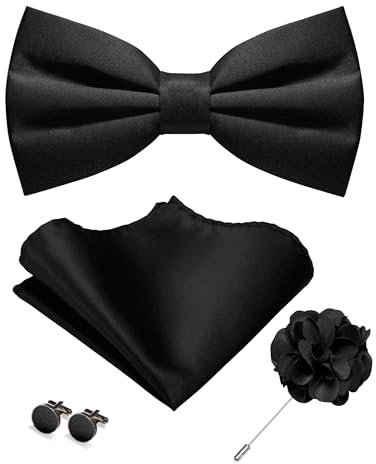 JEMYGINS Herren Matte Einfarbige Fliege mit Taschentuch Manschettenknöpfen und Ansteckblume Set Schwarz