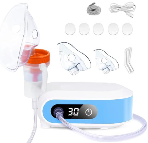 NEEMOSI Inhalationsgeräte, Inhaliergerät für Erwachsene Kinder Baby, LED Digitalanzeige Kompressor Vernebler mit Timerfunktion, Elektrische Inhalator mit Mundstück und Maske(Blau)