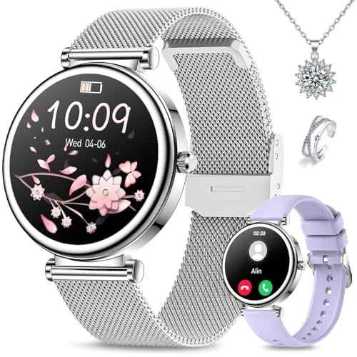 Efolen Montre Connectée Femme, 1.27'' Smartwatch avec Appel Fonction Fréquence Cardiaque/Sommeil/SpO2, 120+ Modes Sport, Montre Connectée Ronde Podometre IP68 Android iOS,Argent Cadeau Collier Bague