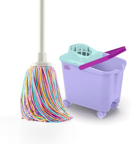 Happy Rainbow - Fregona con Cubo Escurridor de 14L y Ruedas Giratorias Set de Limpieza Sostenible con Microfibra Reciclada Ideal para Hogar y Suelos