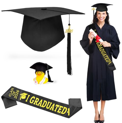 Bachelor Hut, Doktorhut Verstellbar, 2026 Bachelor Abschluss Hut mit Prüfung Bestanden Schärpe & Akademiker Gummiente, Absolventenhut Schwarz, Absolventenkappe Unisex, 2026 Graduation Deko Set