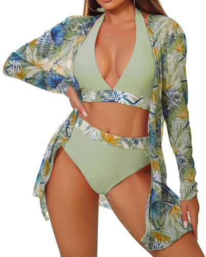 TERODACO 3 Piece Womens Bikini Sets Halter Neck Removable Padded Swimming Costume Women Soft Quick Dry Cover Ups for Ladies Beachwear Swimsuit Bathing Suit,Seamless Lightweight 6011 Green L