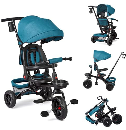 Baby Dreirad 6 In 1 Kinderdreirad Mit Schubstange, Kinderdreirad für 9 Monate Bis 5 Jahre Mit Umkehrbarem Sitz, Ausklappbarem Verdeck Mit Sonnenschutz, Kinderwagen Faltbar, Babyfahrrad (Grün)
