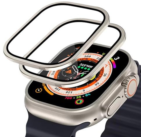 2 Pezzi Protezione Schermo Apple Watch Ultra 49mm, Cornice titani con Vetro Temperato 9H, Cover Ultra Sottile e Antigraffio, Pellicola Protettiva Sensibile al Tocco per Cover Apple Watch Ultra 2