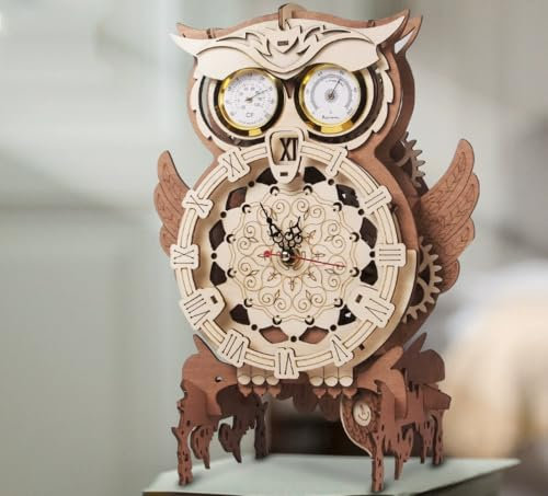 KBASE 3D Holzpuzzle, Eulen-Uhr Modellbausatz, Dekorative Tischdekoration, DIY Holz Handwerk