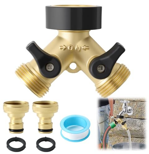 2 Way Brass Garden Tap Splitter, Brass Y Hose Connector, Double Way 3/4 Hose Connector with 2 Quick Hose Connectors, with Independent On/Off Valve, Ideal for Garden Irrigation Car Washing