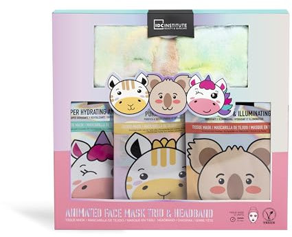 IDC INSTITUTE - Coffret Beauté - Set De 3 Masques Visage En Tissu & Bandeau En Éponge - Masques Visage Animaux - Set SPA Détente - Coffret Cadeau Fille - Cadeau Femme