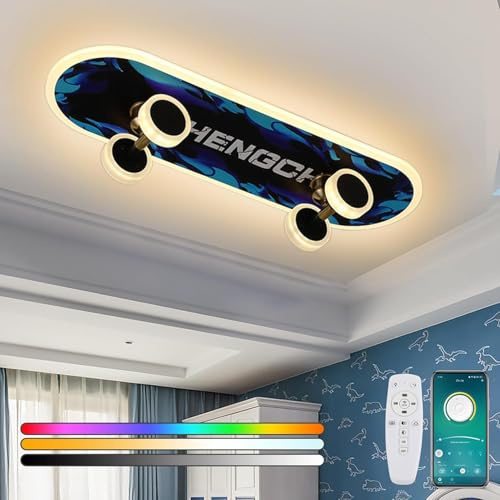 LED Deckenleuchte Kinderzimmer RGB Dimmbar Skateboard Design 32W L60cm | RGB Farbwechsel Deckenlampe mit Fernbedienung & App, Modern Deko für Jungen & Mädchen Schlafzimmer