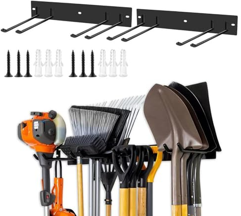 WMLBK Supporto da parete in metallo con 4 ganci doppi e 2 pannelli, portata 100 kg, per pale, scope, rastrelli e attrezzi da giardino in garage, giardino, cantina