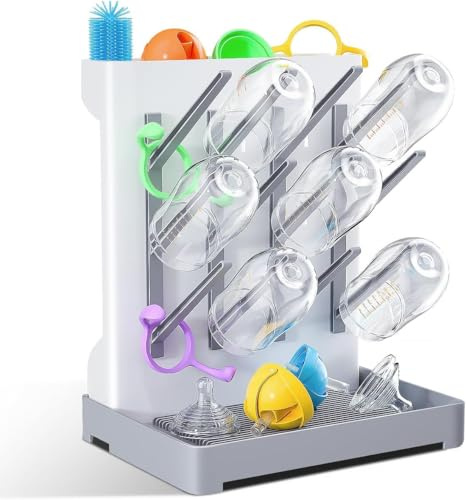 GIOTUK Baby Bottle Drying Rack, Vertical Standing Bottle Holder with Removable Drip Tray, Holds up to 12 Bottles, Space-Saving Countertop Drying Stand for Feeding Essentials