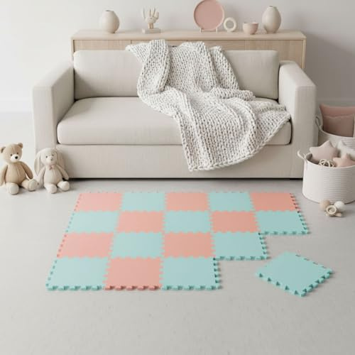 LittleTom Spielmatte Baby Puzzlematte Mint & Rosa - 18 Matten je 30x30 cm Krabbelmatte 180x90 cm Bodenmatte Kinder - Puzzle Teppich Kinderzimmer - Bodenschutzmatte Spielteppich - Eva Schaumstoffmatte