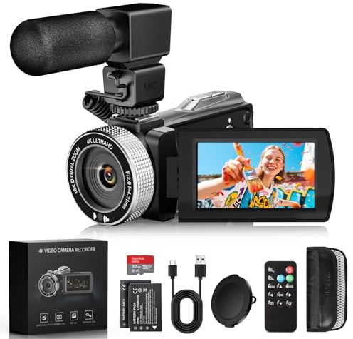 Videocámara 4K 48MP con Visión Nocturna por Infrarrojos, Zoom Digital 18X Cámara Vlogging con Pantalla Táctil de 3.0 270°, Cámara de Vídeo con Control Remoto, Micrófono, Tarjeta de 32GB, 2 Baterías