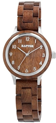Raptor Damen Armbanduhr Analog in Braun, Gesamtlänge 23.5 cm, Walnussholzarmband – Spritzwassergeschützt