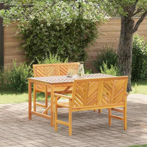 HFXHIJXQ Gartentisch 150x90x74 cm Akazienholz geölt, Essgruppe mit Bänken & Stühlen, wetterfest, für Balkon Terrasse Garten