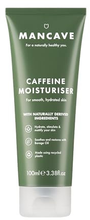 ManCave Natürliche Koffein-Feuchtigkeitscreme 100ml, hilft, Anzeichen von Müdigkeit zu reduzieren, mit UV-Absorbern, für alle Hauttypen geeignet, dermatologisch getestet, vegan, hergestellt in GB
