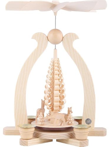Julpyramid välvd pyramid hjort snidad, 29 cm hög, naturlig, original Erzgebirge av Müller Seiffen