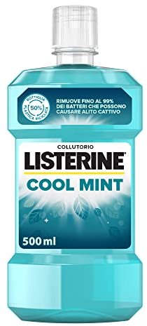 LISTERINE Cool Mint, Collutorio al gusto di Menta a base di Oli Essenziali Antibatterici e Fluoruro, Collutorio Listerine per un alito fresco, Collutorio per un'igiene orale completa, 500 ml