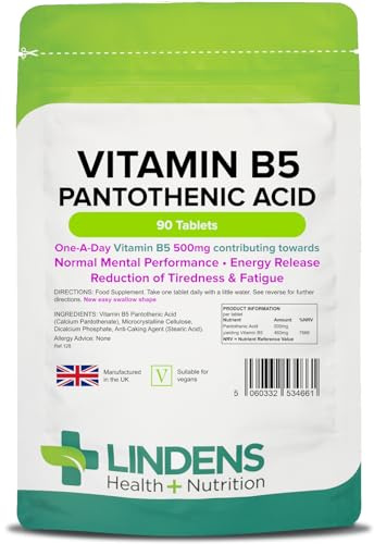 Lindens - Vitamin B5 Pantothenic Acid 500mg, 90 Tablets - UK Made | 1-A-Day | Contributes to Mental Performance, Metabolism & Reduction of Tiredness | 7666% NRV Dose - Letterbox Friendly, Vegan