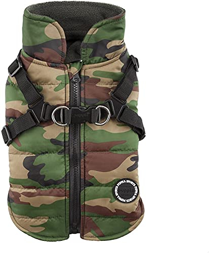 Puppia Hochwertiger Hundemantel für kleine Hunde und mittelgroße Hunde - wasserdicht und mit Fleece gefüttert für angenehme Wärme - Hundemantel mit Geschirr, Camouflage, L