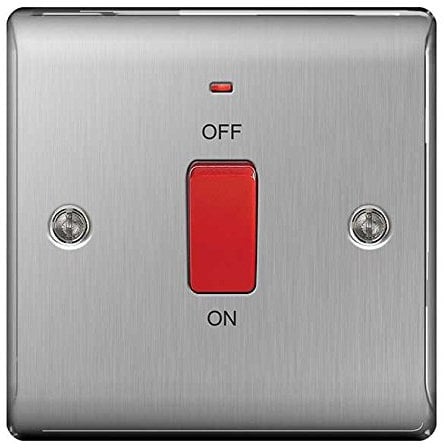 BG Nexus NBS Range Brushed Steel Switches & Sockets - Full Range of Matching Items (45 amp Double Pole Switch with Neon)