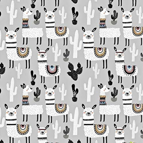 Pingianer 11,99€/m Lama 100% Baumwolle Baumwollstoff Kinder Meterware Handwerken Nähen Stoff (Hase Mond Herz Weiß) (Lama Kaktus Grau, 200x160cm (11,99€/m))