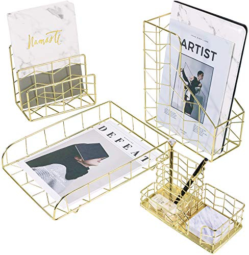 SIMMER STONE Schreibtisch-Organizer-Set, 4-in-1-Deko-Schreibtisch-Zubehör-Organizer, Aktenhalter, Briefsortierer, Schreibtischablage und 3-fach Schreibtisch-Organizer, Gold