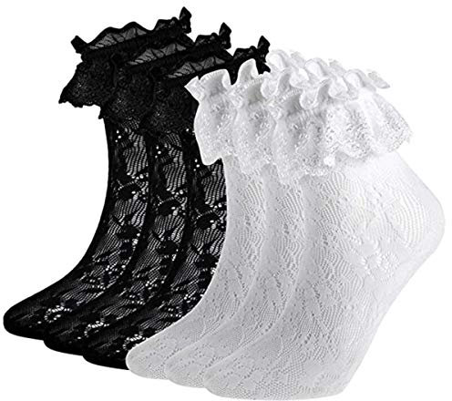 ANDIBEIQI 6 Pairs Frauen Söckchen Spitzen Ruffle Fußkettchen Socken Cup Spitzen Socken Netzsocken