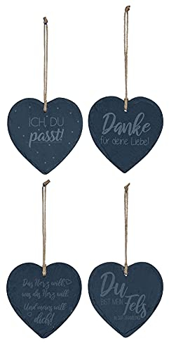 4er Set Schiefertafel Herz 12x12cm Sprüche Schieferplatte Memotafel Türschild Dekohänger Love Liebe Geschenk Schild Wanddeko