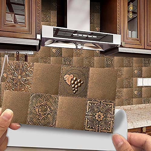 Hiseng 12 Stück Küchenrückwand Fliesenaufkleber, Stammeskunstmuster Wasserdicht Ölfest Stickerfliesen Deko Selbstklebende für Küche Badezimmer Wohnzimmer Dekoration - 20x10cm (Kupferfarbenes Metall)